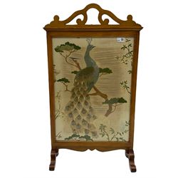 Chinese style hardwood jardiniere stand, decorated with pierced panels and carved motifs (H87cm), reproduction mahogany circular occasional table (D60cm, H53cm), and a mahogany fire screen with needle work panel depicting peacock (H92cm)