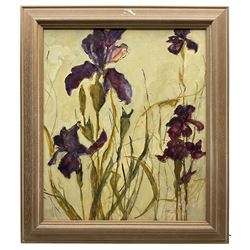Margaret Parker (Northern British 1925-2012): Still Life of 'Irises', oil on board signed, labelled verso 53cm x 44cm