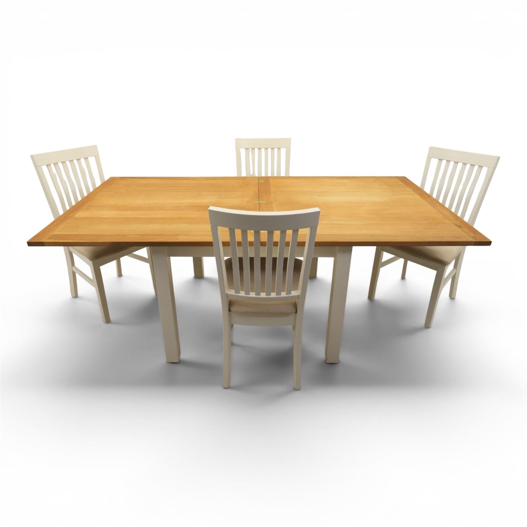 Contemporary Oak fold-over leaf dining table and four chairs, square top extending to a rectangular top 200cm, four white dining chairs with upholstered and padded seats