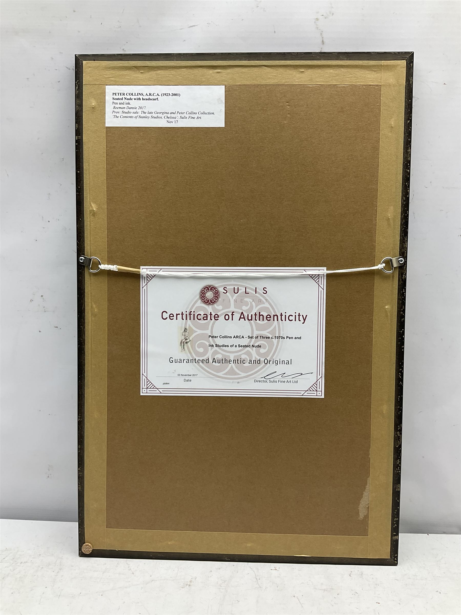 Peter Collins ARCA (British 1923-2001): Seated Nude with Headscarf, pen ink and wash 44cm x 23cm 
Provenance: artist's studio sale: The late Georgina and Peter Collins Collection, 'The Contents of Stanley Studios, Chelsea'; with Sulis Fine Art