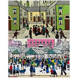 Follower of L S Lowry (Northern British 1887-1976): Busy Street Scenes, pair oil on canvas signed 'D Ayrton' max 40cm x 51cm (2)