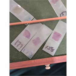 Victorian collector's specimen cabinet, containing a number of prepared microscope slides including miniature photographs, animal and human pathological, physiological and histological specimens and botanical specimens, mostly annotated in ink, the cabinet with glazed door, the drawers with bone handles and lined with green felt, owned by Dr Arthur Bristow, together with a picture of the doctor, cabinet H43cm