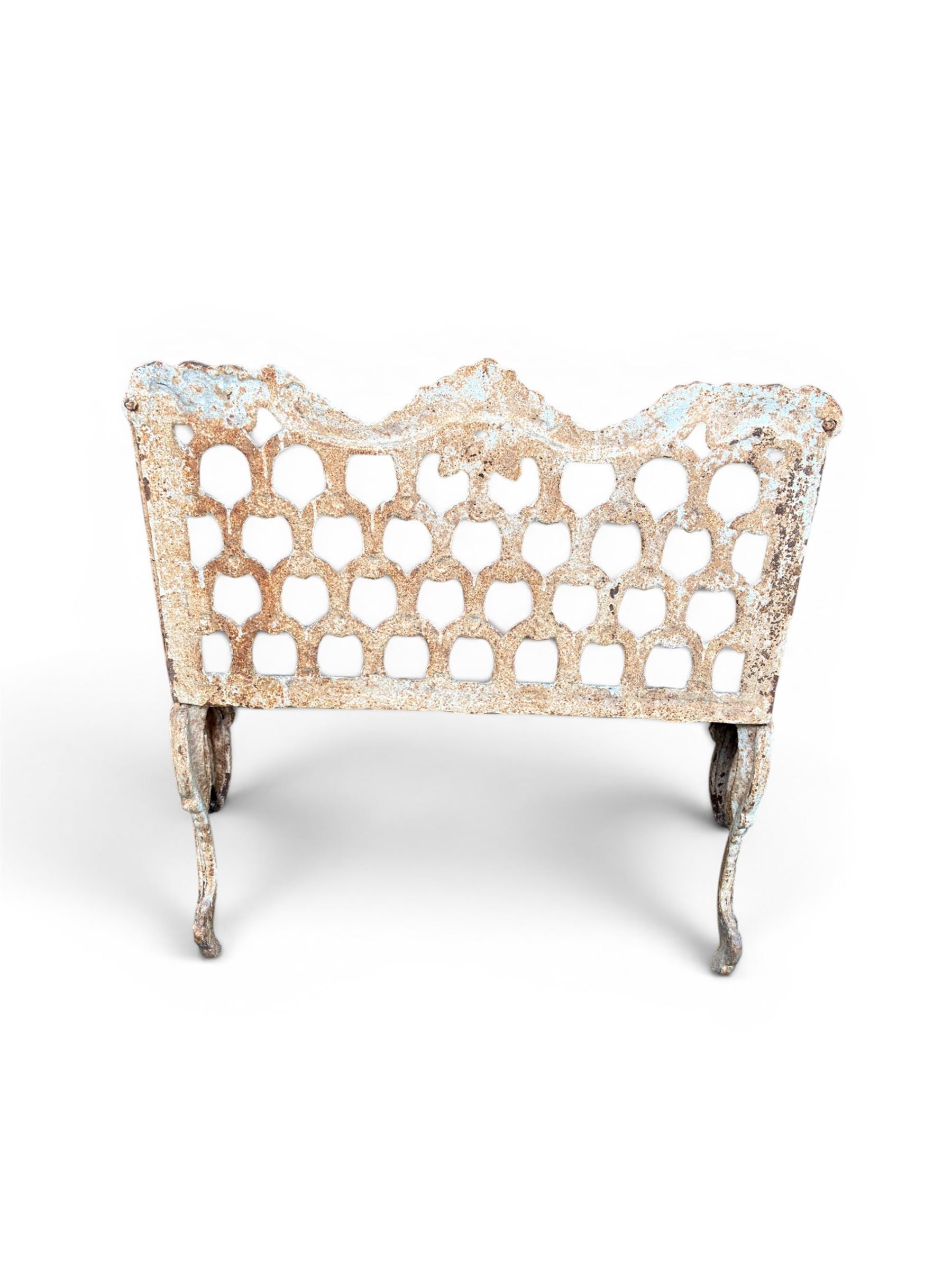 Victorian revival Carron Foundry design heavy cast iron two seat garden bench, scrolled arms with pierced lattice seat, finished in antique white paint