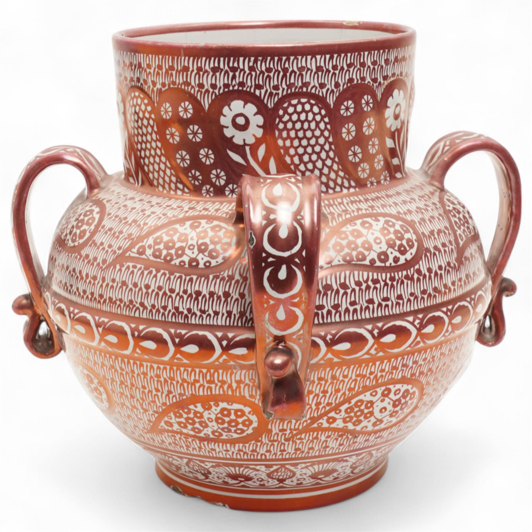 Hispano-Moresque copper four-handled lustre vase, decorated with repeating leaf and foliate patterns, H30cm 