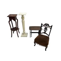 Ercol graduated nest of two occasional tables (W57cm); Edwardian carved walnut nursing chair; white painted pedestal (H102cm); early 20th century carved walnut two tier plant stand (4)