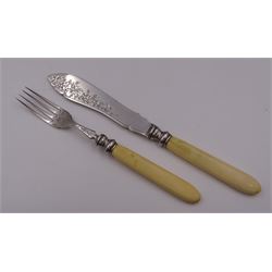 Set of Victorian silver fish knives and forks for six place settings, closely matched, the silver blades and prongs with engraved floral decoration, most hallmarked James Dixon & Sons Ltd, Sheffield 1896, three with other dates/makers, with ivorine handles, contained within an oak case with brass presentation plaque to cover and velvet interior