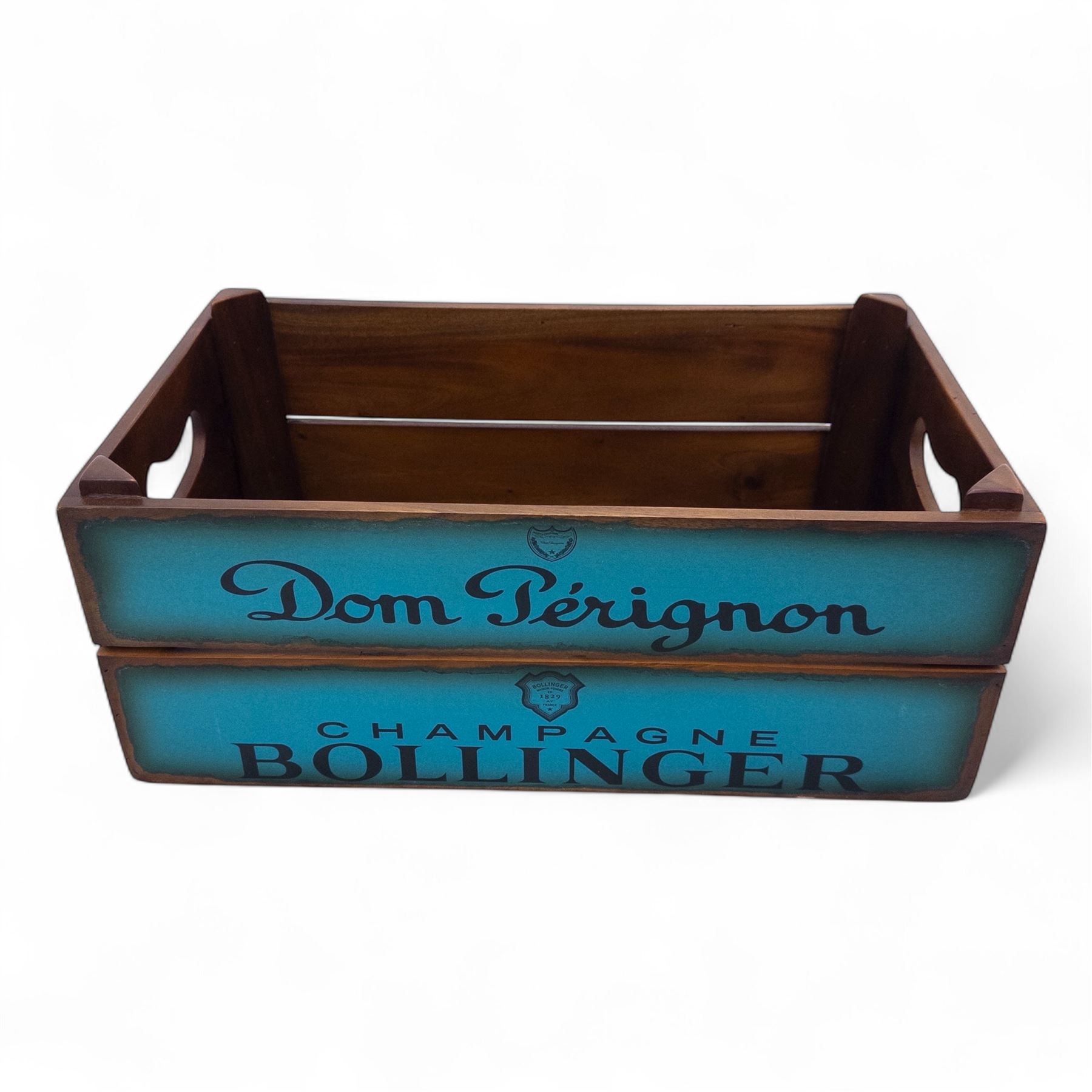 Three-piece champagne advertising display set, comprising pine steps with painted Dom Pérignon and Bollinger lettering, and two wooden boxes branded Moët & Chandon and Veuve Clicquot (Steps H 80cm, W 44cm, D 68cm, crates each H 18cm, W 44cm, D 26cm)