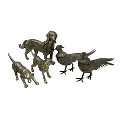 Pair of white metal pheasants, together with three metal figures of dogs, tallest H16cm