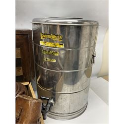 Mauchline ware trinket box and thimble holder, together with copper kettle, two large brown enamel teapots, wooden chess board, brass bell, hot water urn, and other metal ware etc, in three boxes 