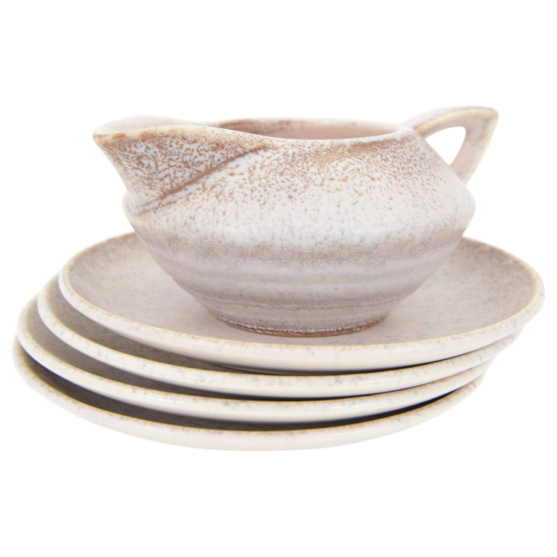 German Art Deco Carstens Uffrecht tea service for four, comprising teapot, coffee pot, milk jug, covered sugar bowl, four teacups and saucers and two small plates, each with pink mottled decoration, two pieces marked to base DEK 256
