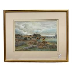 English School (20th century): Horses Grazing in Moorland Landscape, watercolour indistinctly signed 25cm x 35cm
