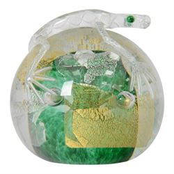 Michael James Hunter Twists Scottish glass paperweight topped with white and green lizard, signed to base, together with Karlin Rushbrooke studio glass,  Wedge Bottle in green and white, bottle H19cm