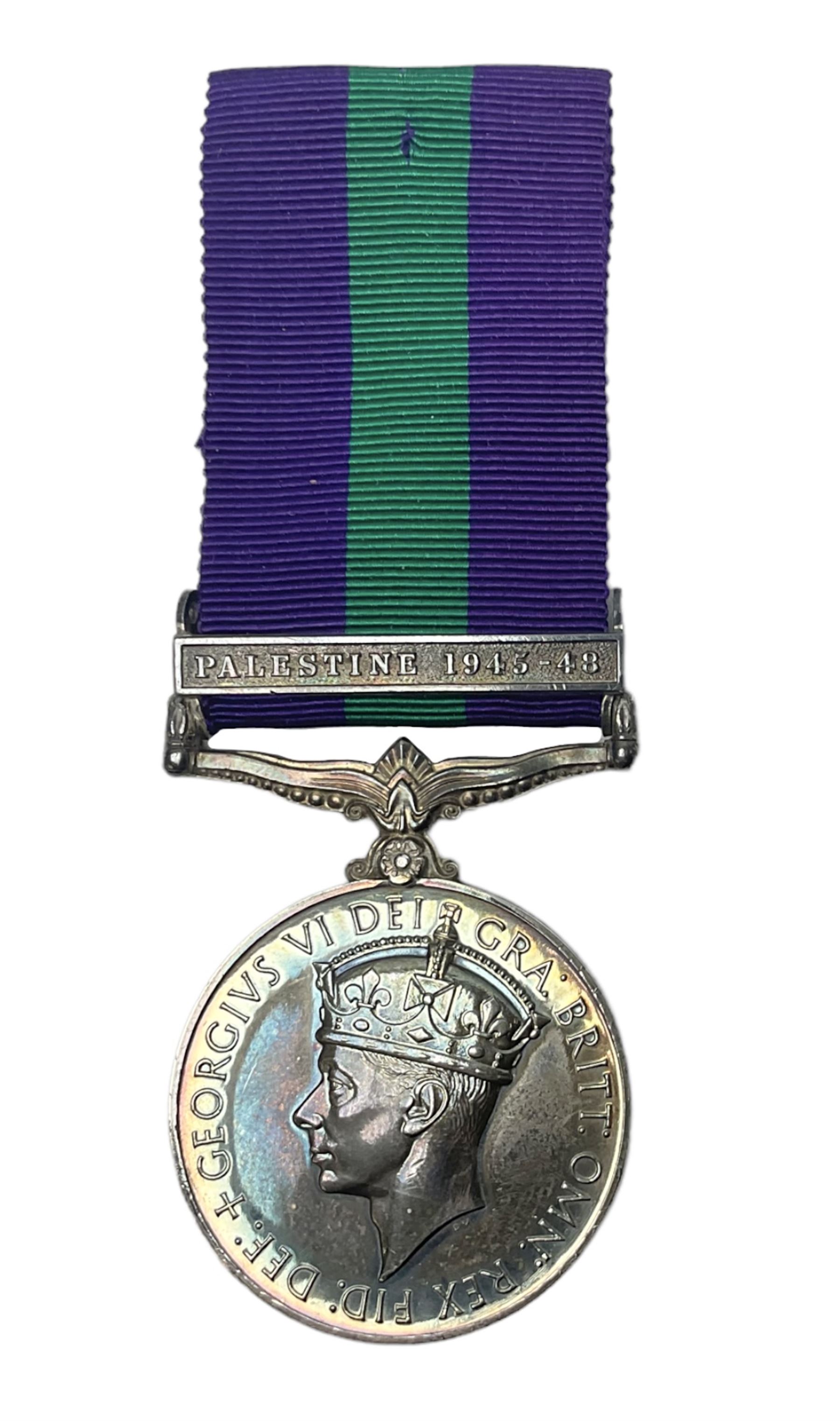 George VI General Service Medal with Palestine 1945-48 clasp awarded to 19117460 Pte. P. Tilmouth R. Lincolns; with ribbon
