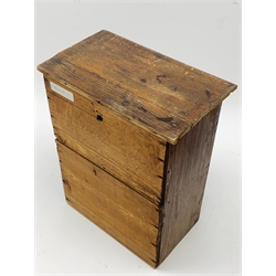 A Victorian pine miniature straight front chest of two short and two long drawers, the platform base pierced with the initials EK and etched 87, manuscript inscription verso 'Emily King Her Drawers July 26th 1887', H35cm.