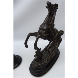  Pair 19th century bronzed spelter Marly Horse sculptures after Guillaume Coustou on ebonised base, H42cm   