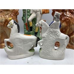 Group of Victorian and later Staffordshire style figures, to include two dogs, Prince upon horse back, horse with pink lustre patches, tall figure of a man beside his dog etc, tallest H41cm