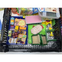 1980s Epoch Sylvanian Families - Country Kitchen Utensil Set and Playpen with Mobile; both boxed; together with assorted loose furniture, playground equipment, grocery shop stock etc; Penny's Pony Club Set in folding stable box; and boxed Bouncin' Babies Nursey Playset