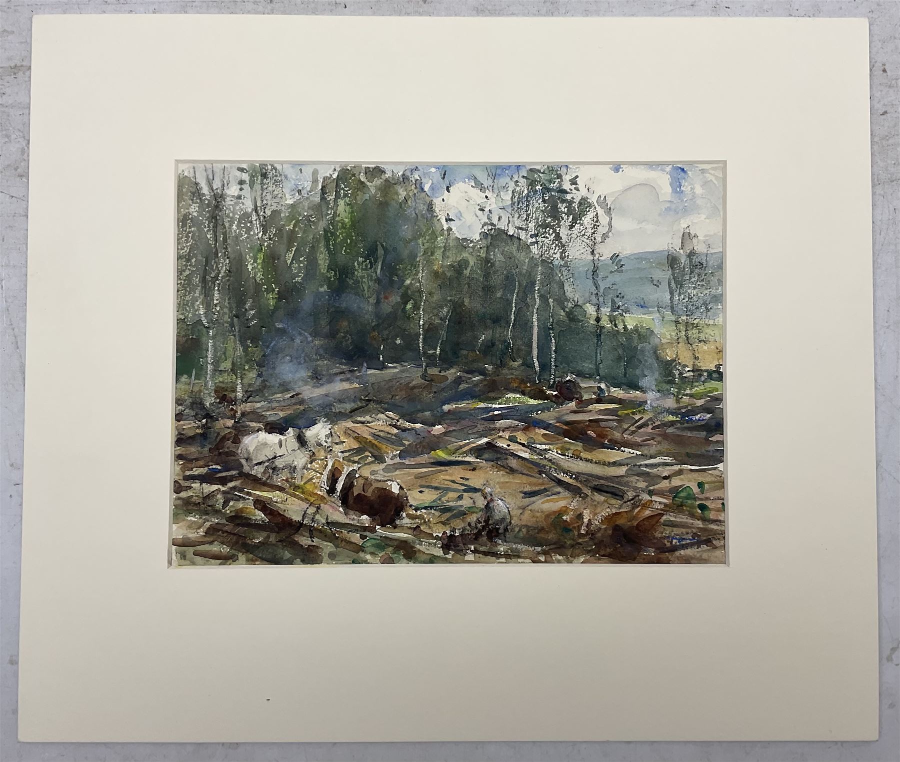 Frederic Stuart Richardson (Staithes Group 1855-1934): 'Hauling Timber above Gatcombe - Long Ashton' Somerset, set three watercolours signed in the margin, titled verso 21cm x 29cm (3) (mounted)