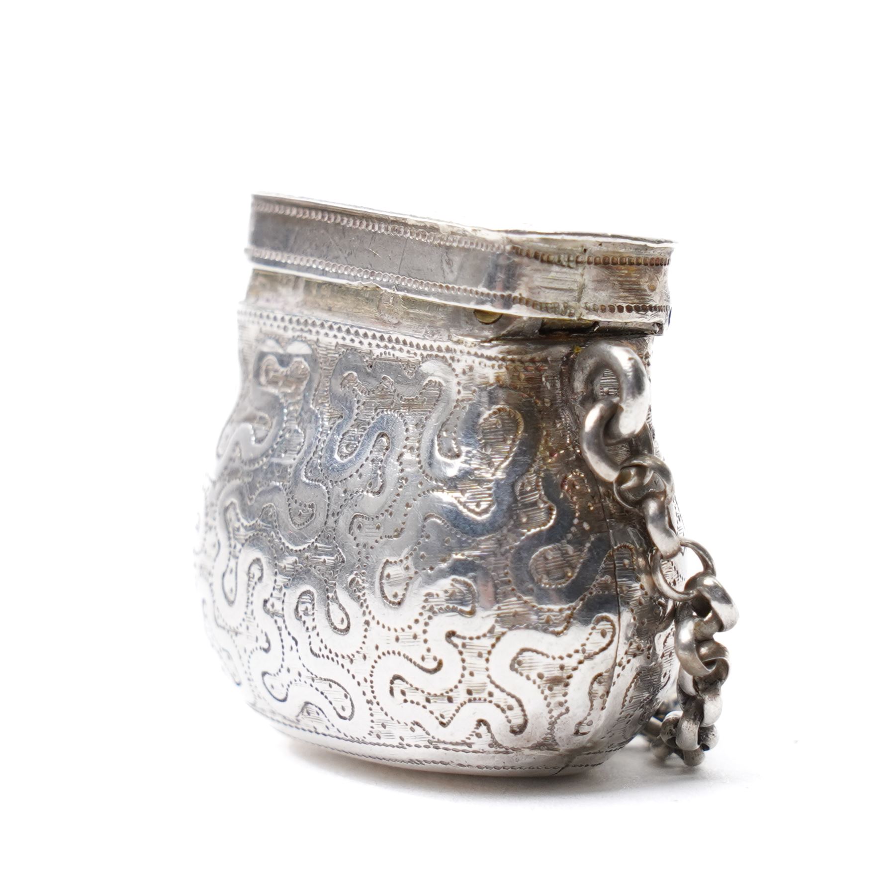 19th century silver vinaigrette modelled as a purse with engraved decoration and hinged grille, marks rubbed, Maker D & Co