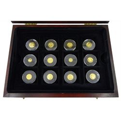 Fifteen gold coins from 'The Smallest Gold Coins of the World Collection', including Isle of Man 1989 1/25 ounce crown, Australia 1991 1/20 ounce five dollars, China 1995 1/20 ounce panda etc