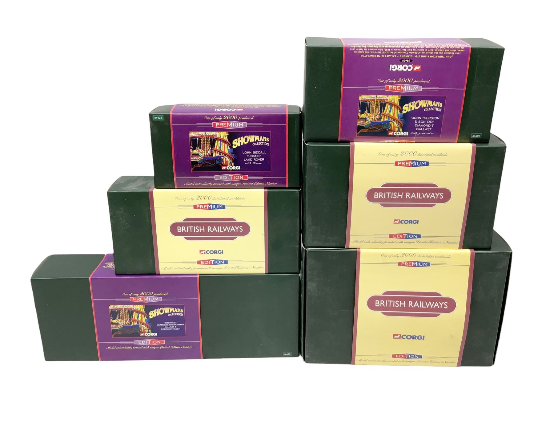 Corgi Premium limited edition - three Showman's Collection die-cast models comprising 07413 John Biddall Funfair Land Rover; 16602 Jennings Scammell Highwayman Ballast and Dodgem trailer; and 55609 John Thurston Diamond Ballast; together with three British Rail models comprising CC11606 Albion Reiver Platform Lorry and Tank Container Load; CC11301Scammell Scarab; and CC11001 Thames Trader Flatbed; all boxed (6)