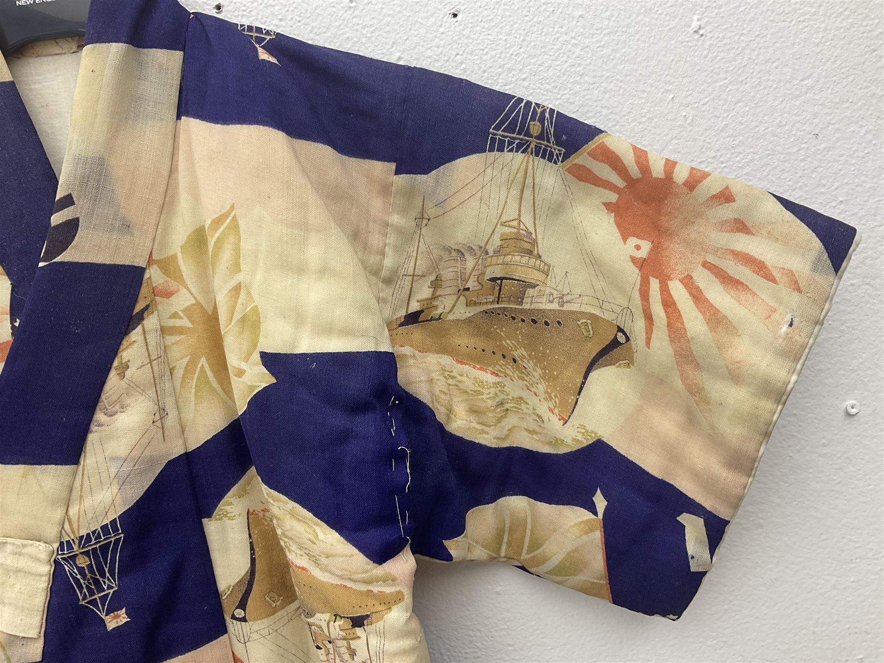 1930s Japanese fully lined kimono decorated with Japanese naval vessels and bi-planes, Japanese, American and British flags and dated 1935; looks to be child's size