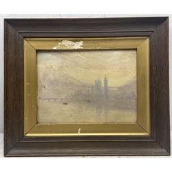 Attrib. Lionel Townsend Crawshaw (Staithes Group 1864-1949): 'Westminster Abbey - Fog' and Houses of Parliament, pair oils on canvas, one titled and signed with monogram max 27cm x 19.5cm (2)