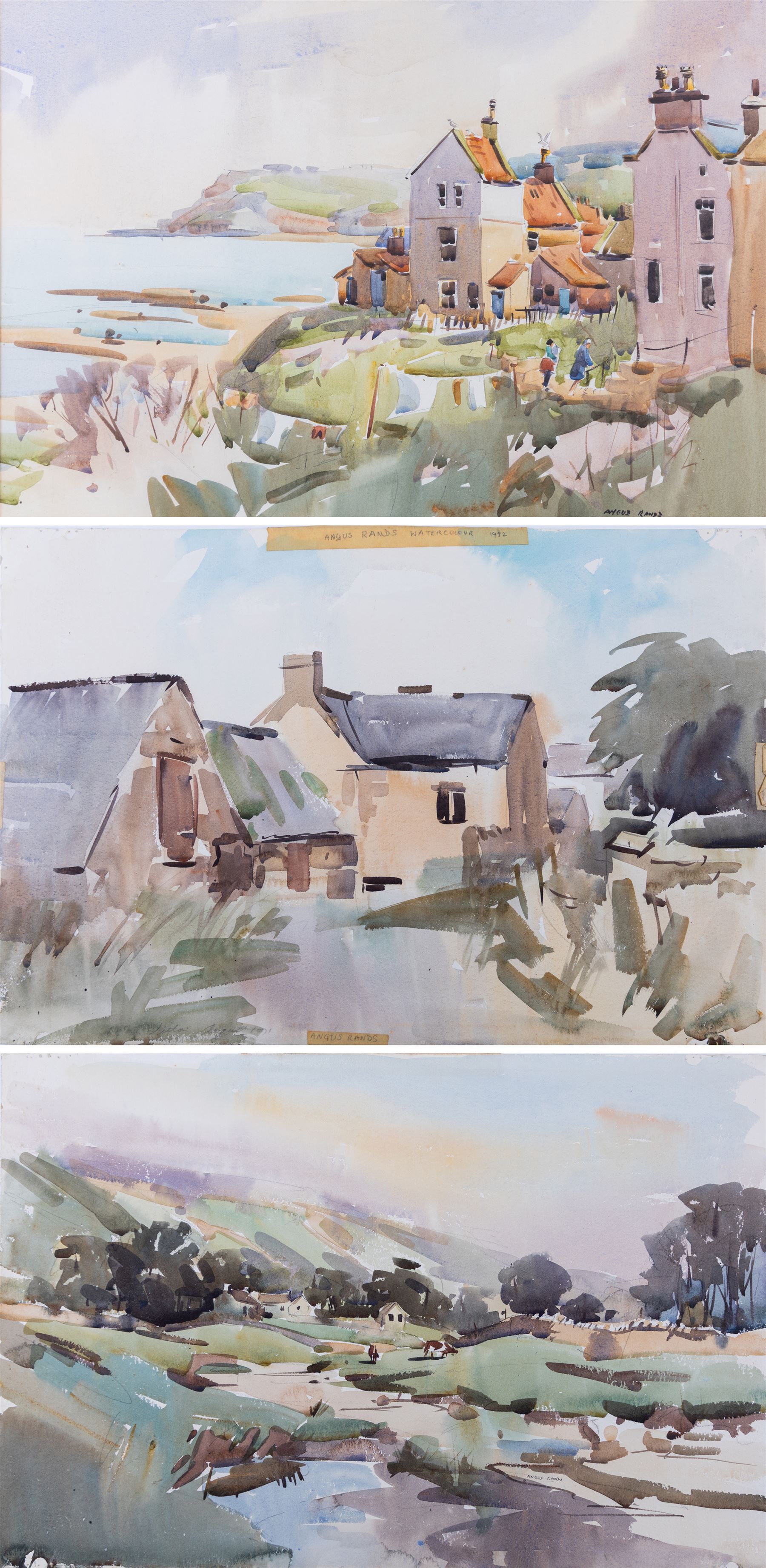 Angus Bernard Rands (British 1922-1985): Robin Hood's Bay and Country Scenes, three watercolours (one unframed painted recto and verso) signed, 34cm x 50cm