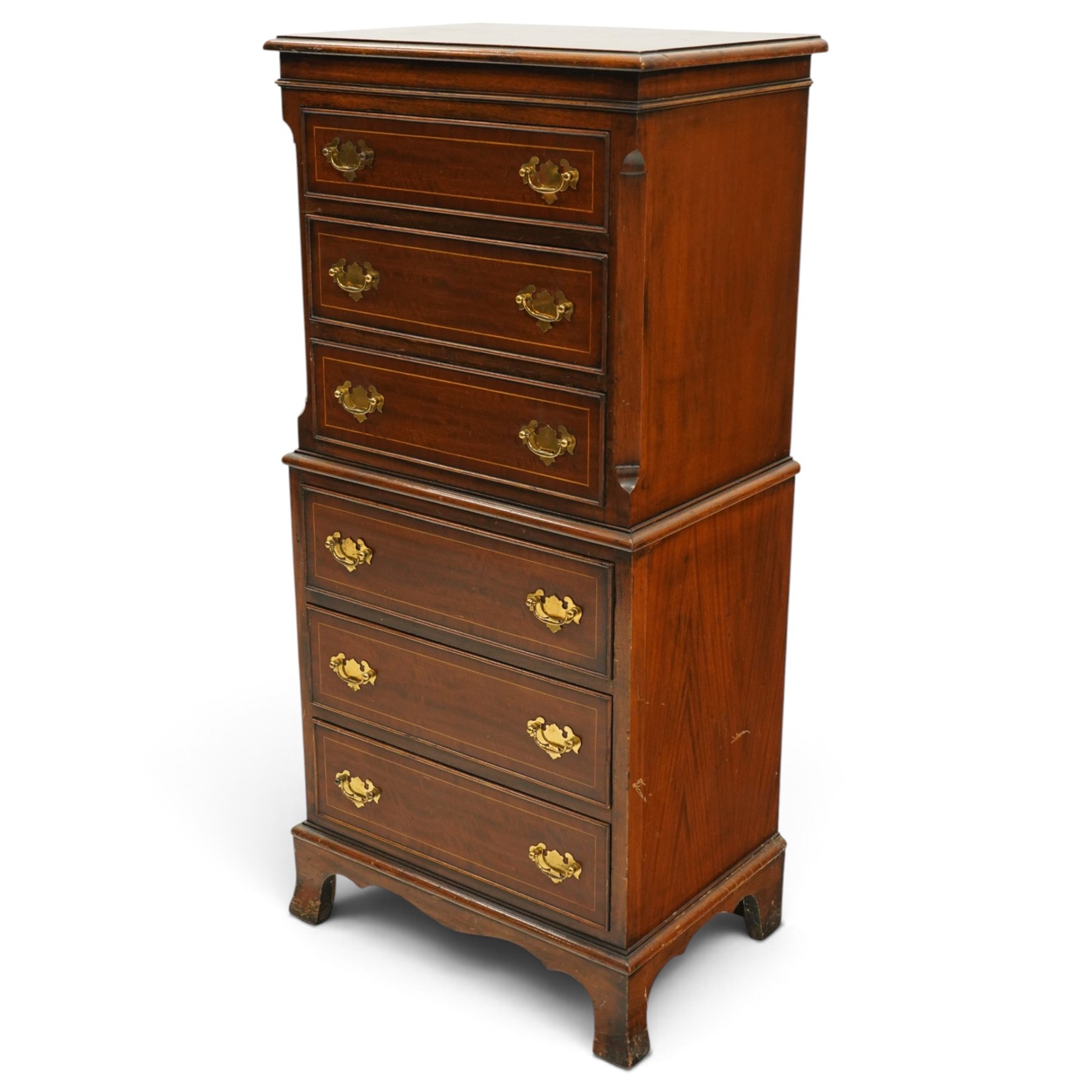 Georgian design mahogany chest-on-chest, fitted with six graduating cock-beaded drawers with satinwood stringing, on bracket feet