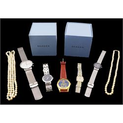 Two cultured pearl necklaces and five watches including Skagen and Longines