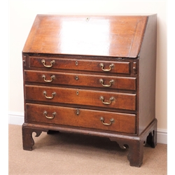  George III oak bureau, fall front enclosing fitted interior above four graduating drawers, shaped bracket supports, W99cm, H107cm, D49cm  