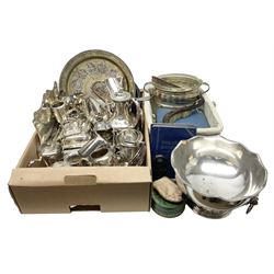 Large quantity of silver-plate to include Walker & Hall and James Deakin & Sons, together with other metal ware and coins in two boxes