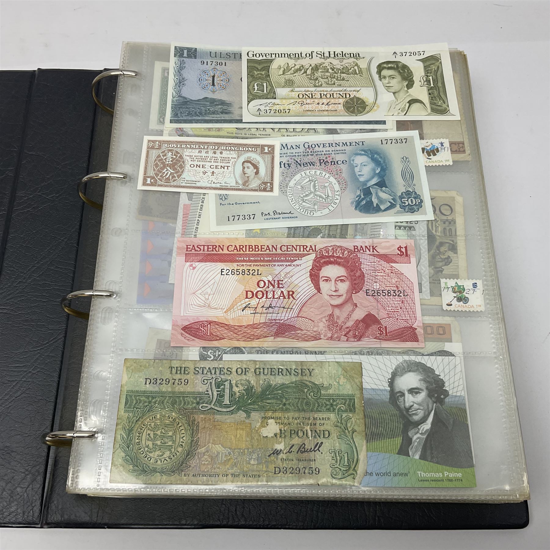 World and Great British banknotes to include Brazil, Canada, France, Germany, Ghana, Indonesia, Iraq, Hong Kong, Hungary, Japan, Vietnam, Zimbabwe, a collection of Chinese ‘Hell Money’, and quantity of ‘De La Rue Systems’ test notes, housed in ring binder and loose