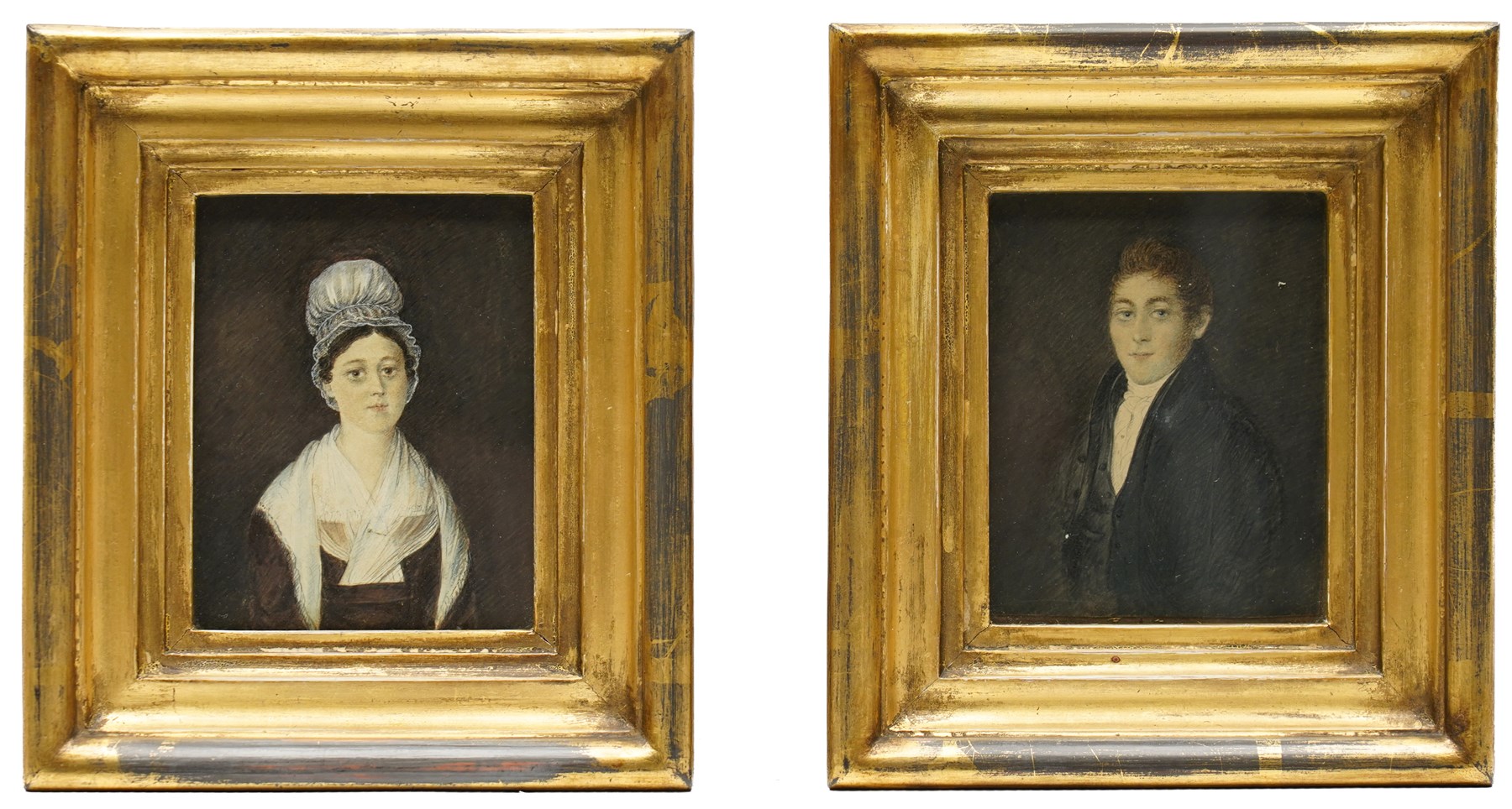 English School (19th century): Portraits of Samuel Whiting of Reading and His Wife Susannah, pair of watercolours unsigned, inscribed with family history verso, in matching gilt frames 10.5cm x 8cm (2)