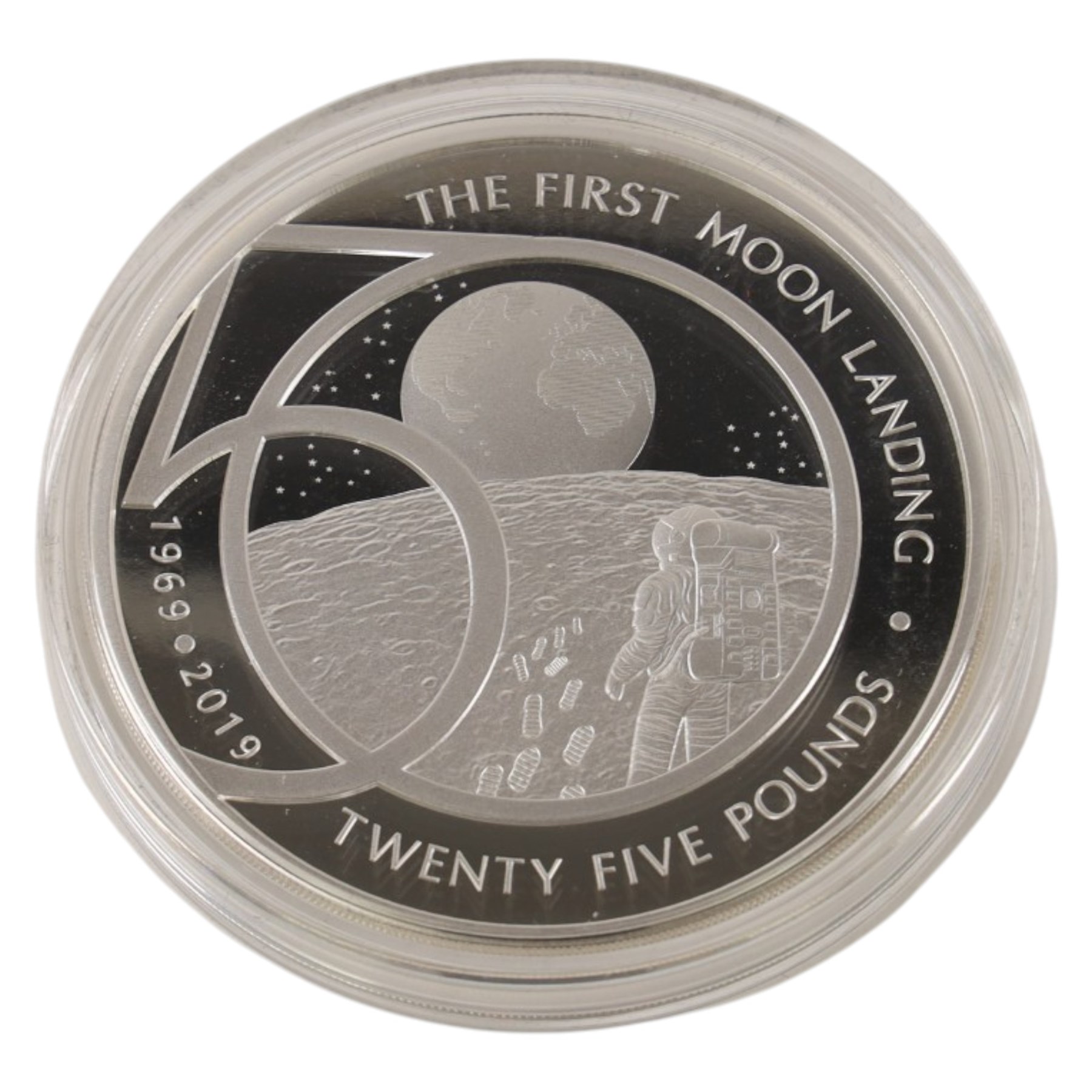 Queen Elizabeth II Alderney 2019 '50th Anniversary of the Moon Landing' five ounce silver proof twenty-five pound coin, issued by the Jubilee Mint, cased with certificate