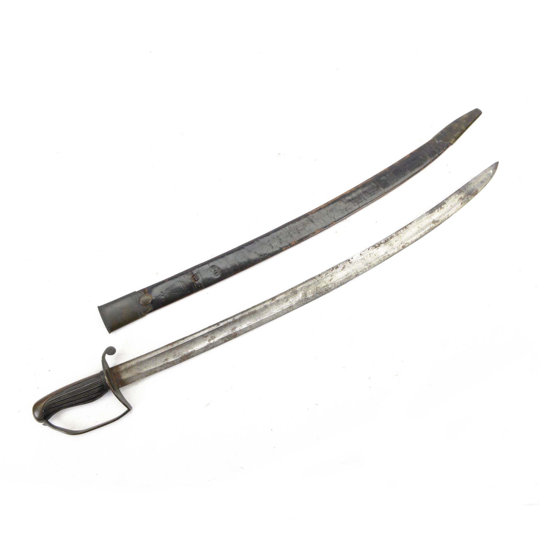 Georgian short sword, with 64cm curved single edge blade, iron guard with side loop and fluted ebony grip, with leather scabbard, L76cm