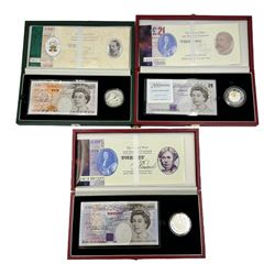 Three The Royal Mint and Bank of England silver proof five pound coin and banknote sets, comprising Kentfield ten pounds 'PW50' with 1998 five pound coin, Kentfield twenty pounds 'YR19' with 2000 five pound coin and Lowther twenty pounds 'YR20' with 2000 five pound coin, all cased with certificate