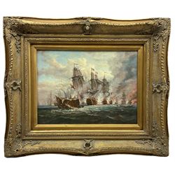 After Jacob Knyff (Dutch 1639-1681): 'Battle of Trafalgar', 20th century oleograph 29cm x 40cm in heavy gilt frame