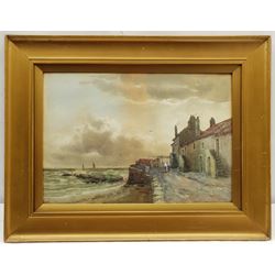 C M Williams (British 19th/20th century): Figures on the Quayside, watercolour signed 34cm x 50cm; English School (20th century): Still Life with Cacti, watercolour unsigned 25cm x 36cm (2)