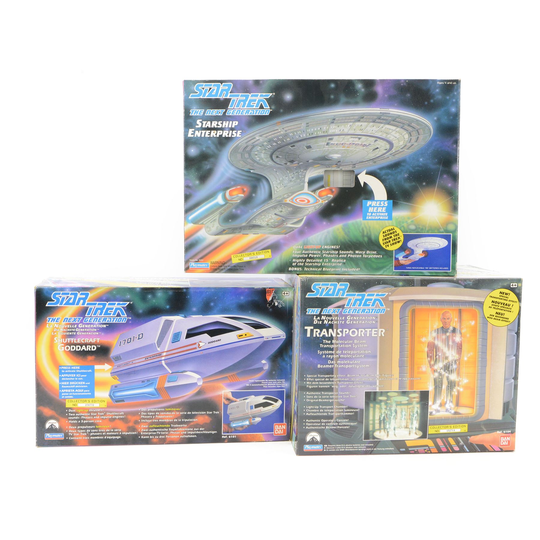 Three Bandai Playmates Star Trek playsets, comprising Transporter collector's edition no. 152714, Starship Enterprise collector's edition no. and Shuttlecraft Goddard collector's edition no. 256772, both boxed