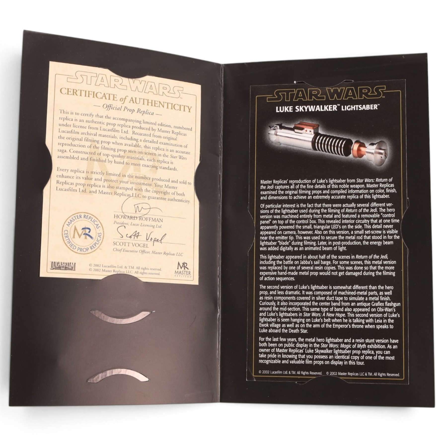 Master Replicas Star Wars Luke Skywalker's Lightsaber no. SW-102,  1:1 scale, in box with outer cardboard sleeve, with certificate, separate acrylic display case and plaque, limited edition no. 2045/2500