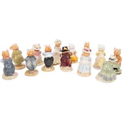 Twelve Royal Doulton Bramley Hedge figures, including Wilfred Entertains DBH23, Mrs Toadflax DBH11, Conker DBH21, Poppy Eyebright DBH1, Flax Weaver DBH20