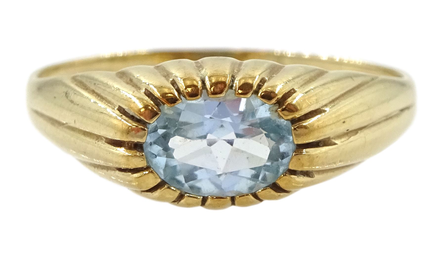 9ct gold single stone oval aquamarine ring, hallmarked