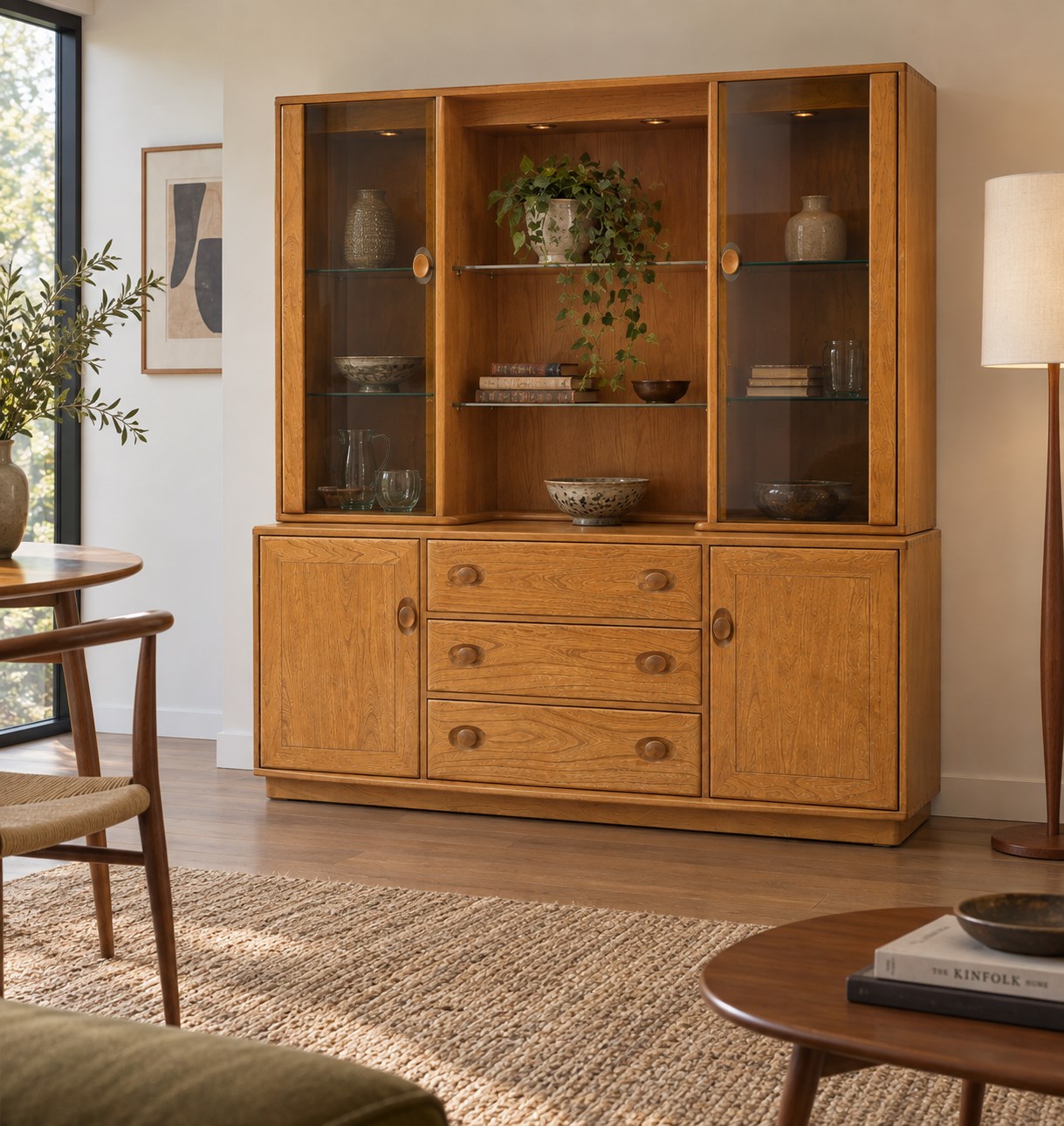 Ercol - Windsor elm and beech wall unit sideboard, upper section with twin smoked glazed cupboards flanking open display shelves, fitted with glass shelves and inset lights, the base fitted with two cupboard doors enclosing storage, three central drawers one fitted for cutlery, on plinth base