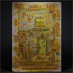 Charles Bronson (Charles Arthur Salvador) (British 1952-): A comprehensive collection of five hundred mixed media works executed between 2000 and 2025. Produced during the artist’s long-term incarceration, the works are primarily in ink, coloured pencil and mixed media on paper. The collection includes multiple formats: A5 (15 works), A4 (308 works), A3 (164 works) and A2 (13 works). Some are signed and dated; a number are executed on the reverse of official prison documents and other repurposed materials, reflecting the limited availability of art materials within the prison environment. This collection represents the largest body of the artist’s work to be offered as a single lot and has not previously been available on the market. (500) (unframed)

Notes: Dated examples span the period from 2000 to 2025, with the greatest concentration produced between 2012 and 2019 and including a group of recent large-scale works from the final years of the period; approximately twenty percent are undated.