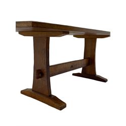 Yorkshire Oak 'Kingpost' - oak dining table, rectangular adzed top on tapered end supports, united by pegged stretchers carved with kingpost signature, on sledge feet, by Robert Ingham, Burton Leonard, Harrogate 