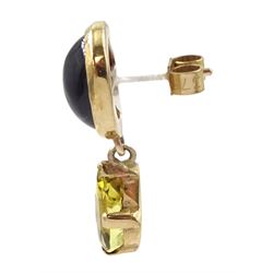 Pair of 9ct gold cabochon garnet and pear cut citrine pendant stud earrings, hallmarked