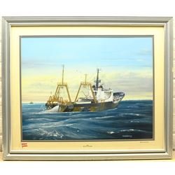 Ronald Henderson (British 20th century): 'M.V. Arctic Raider' - Hull Trawler Ship's Portrait, gouache signed and dated '97, artist's Tyne & Wear address label verso 45cm x 58cm; and After Adrian Thompson (British 1960-): 'Arctic Raider', colour print signed in pencil 39cm x 49cm (2)