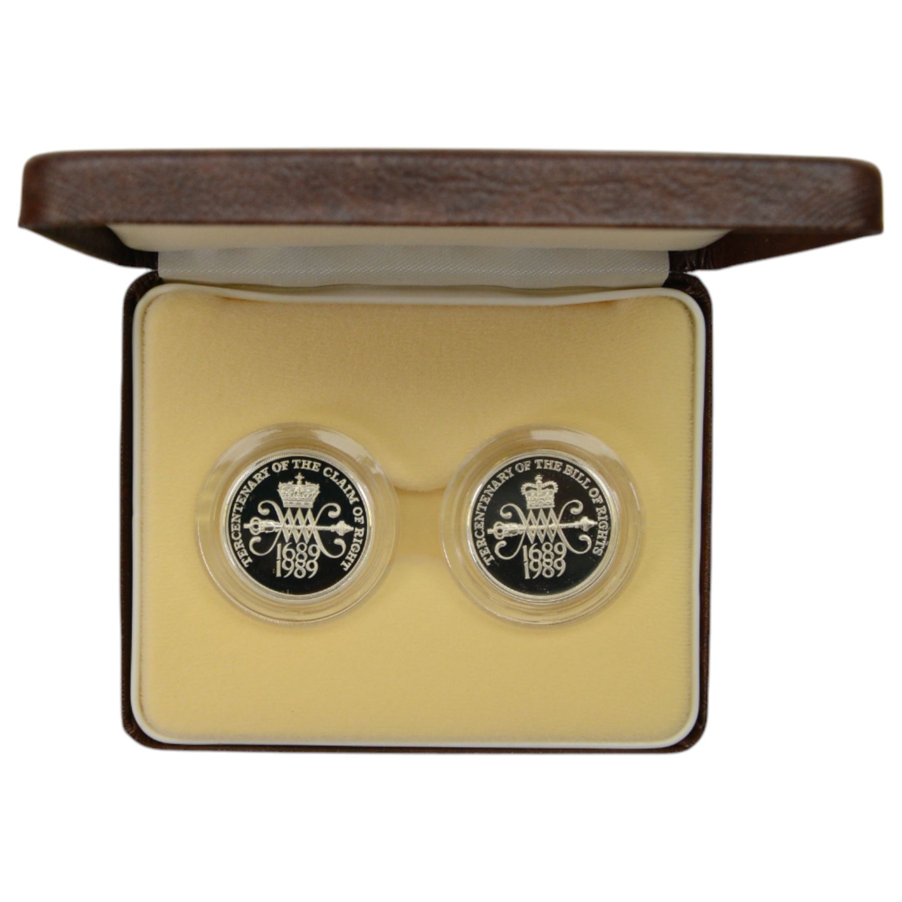 Eight The Royal Mint United Kingdom silver proof piedfort two pound coins or sets, comprising 1989 'Tercentenary Of The Claim Of Rights' and 'Tercentenary Of The Bill Of Rights' two coin set, 1994 'Commemorating the Tercentenary of the Bank of England', 1995 'Second World War', 1995 '50th Anniversary of the United Nations', 1996 'A Celebration of Football', 1997, 2008 'Olympic Games Handover Ceremony' and 2012 'Charles Dickens A 200th Anniversary Celebration', all cased with certificates