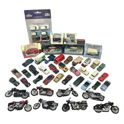 Over forty 1:76 scale die-cast models of cars and commercial vehicles; some boxed; and eight small scale models of motorcycles; all unboxed